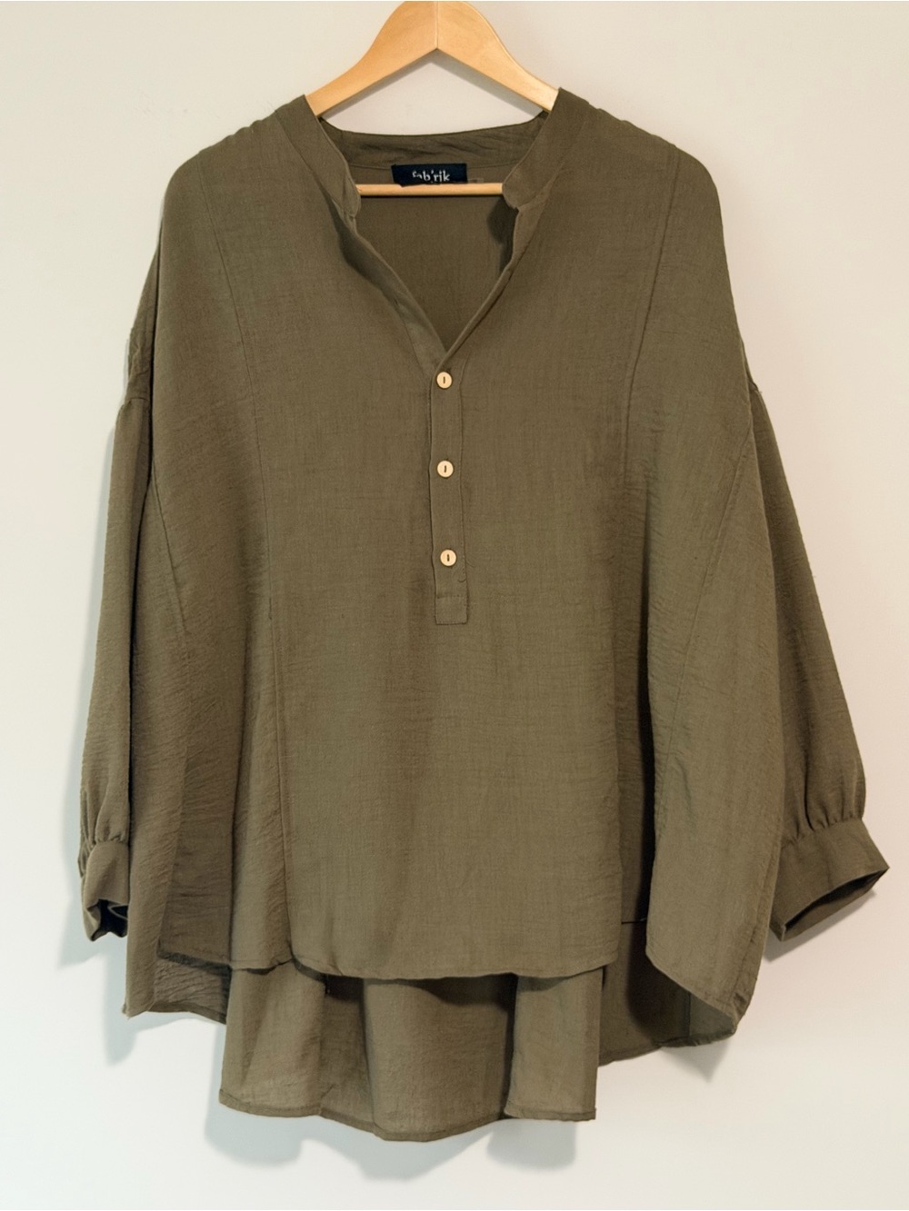 fab'rik Oversized Olive Green V-Neck Button-Front Women's Tunic